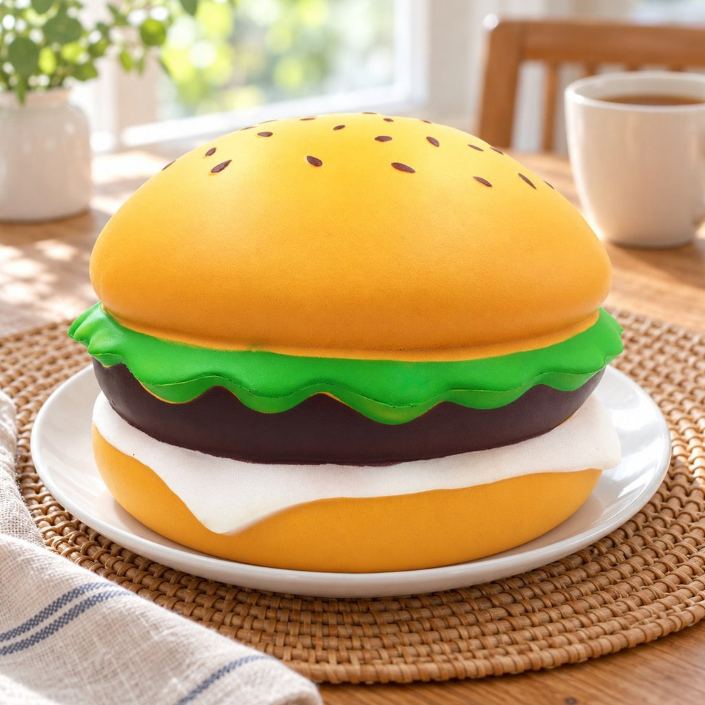 Squishy burger jumbo na talerzyku na stole śniadaniowym