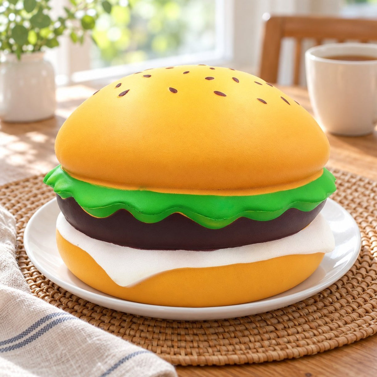 Jumbo squishy burger na talířku na snídaňovém stole