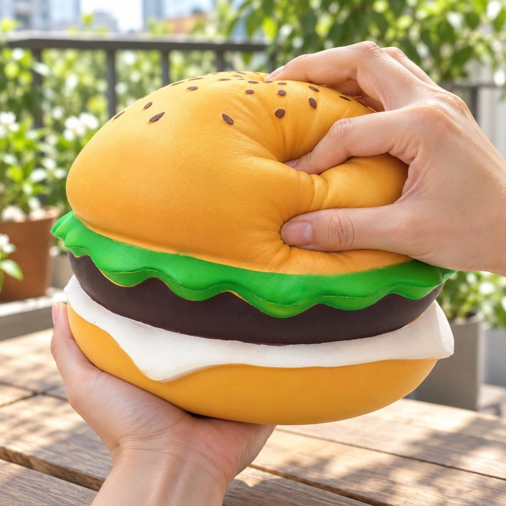 Main qui presse un squishy burger jumbo, burger géant au sésame de 24 cm