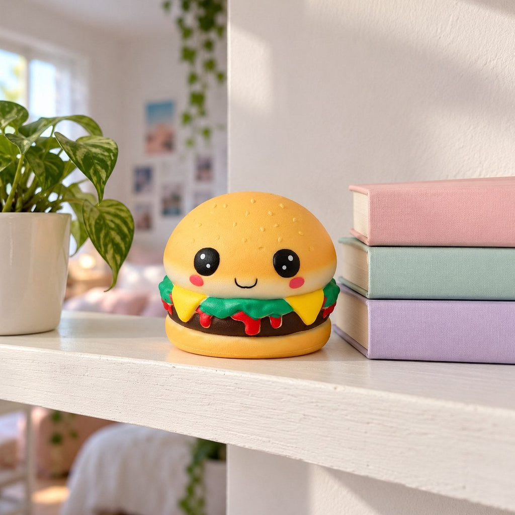 Dekorace do pokoje: kawaii squishy burger na poličce s knihami a rostlinou