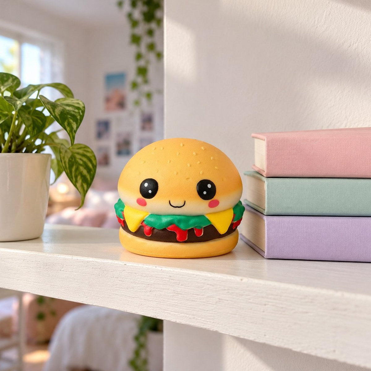 Dekorace do pokoje: kawaii squishy burger na poličce s knihami a rostlinou