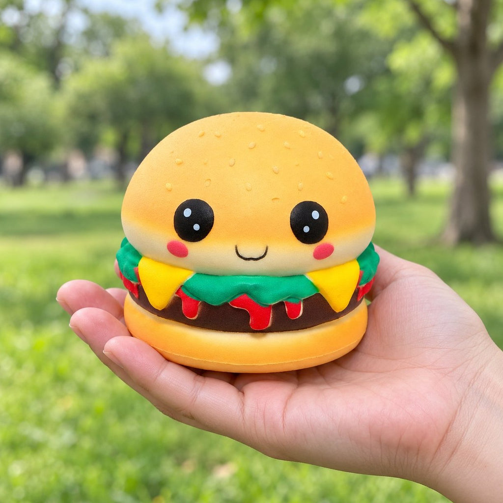 Voňavý squishy burger v ruce, aby byla vidět skutečná velikost