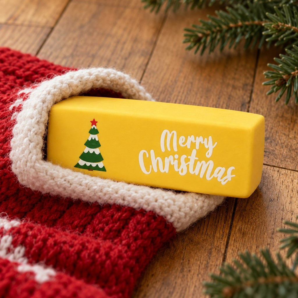 Dalla calza di Natale spunta lo squishy burro Merry Christmas giallo, uno dei 6 colori