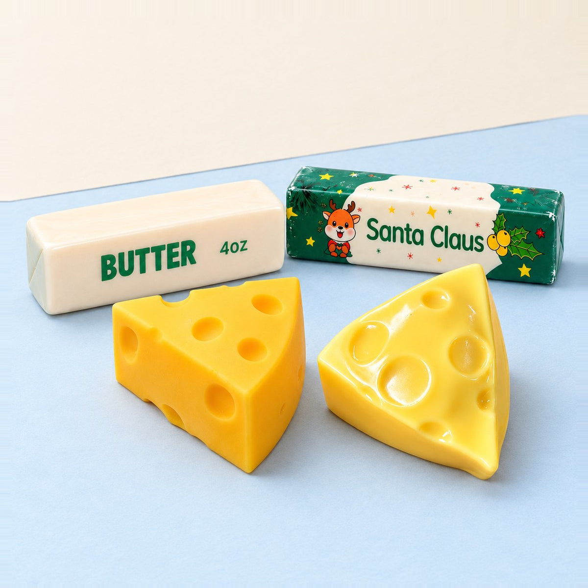 Squishy burro set: 4 squishy tra burro e formaggio su carta pastello