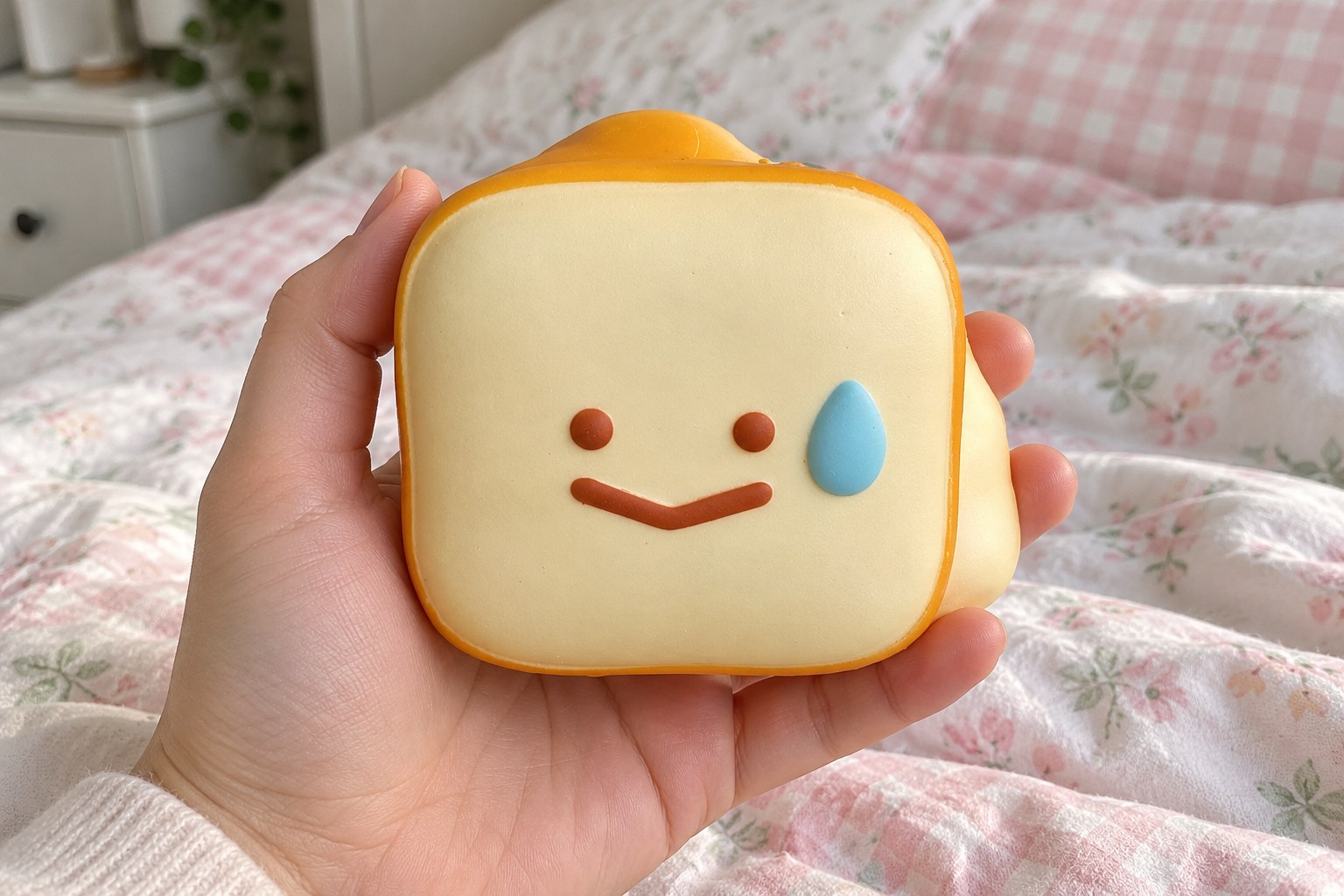 Squishy carino tenuto verso l'obiettivo: toast kawaii con una faccina sopra un copriletto pastello
