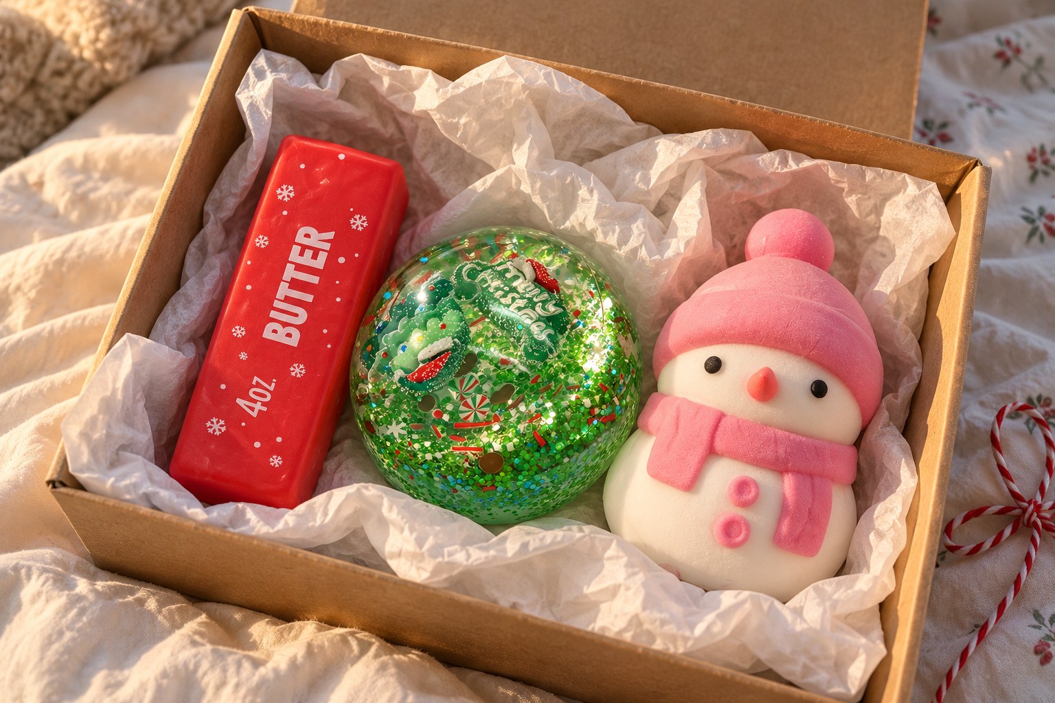 Squishy Christmas gift ideas in an open kraft box with tissue paper: red butter, glitter ball and snowman squishies