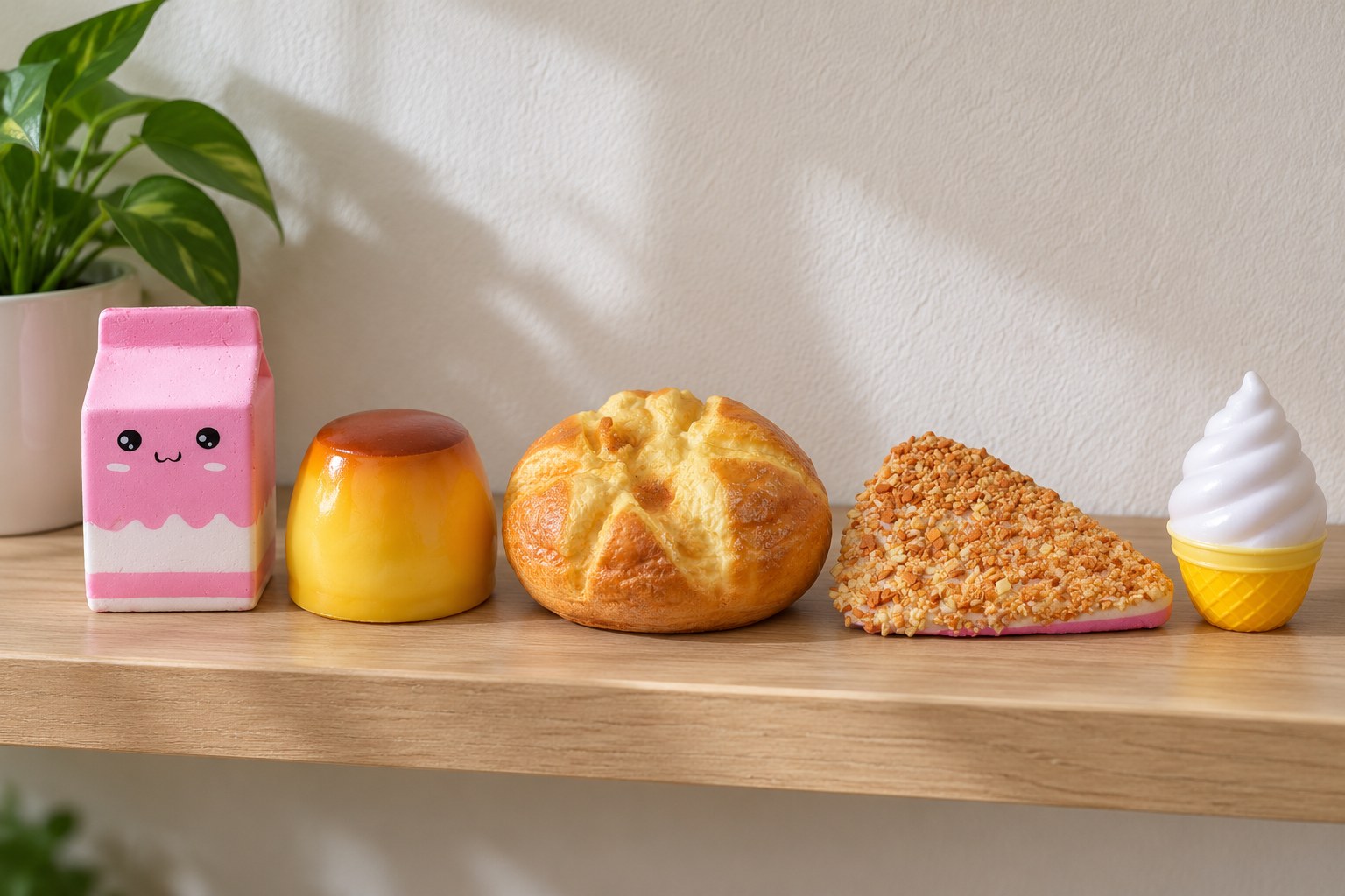 Squishy cibo su una mensola di legno: cartone del latte con faccina, budino al caramello, pagnotta tonda, fetta di torta arcobaleno e gelato