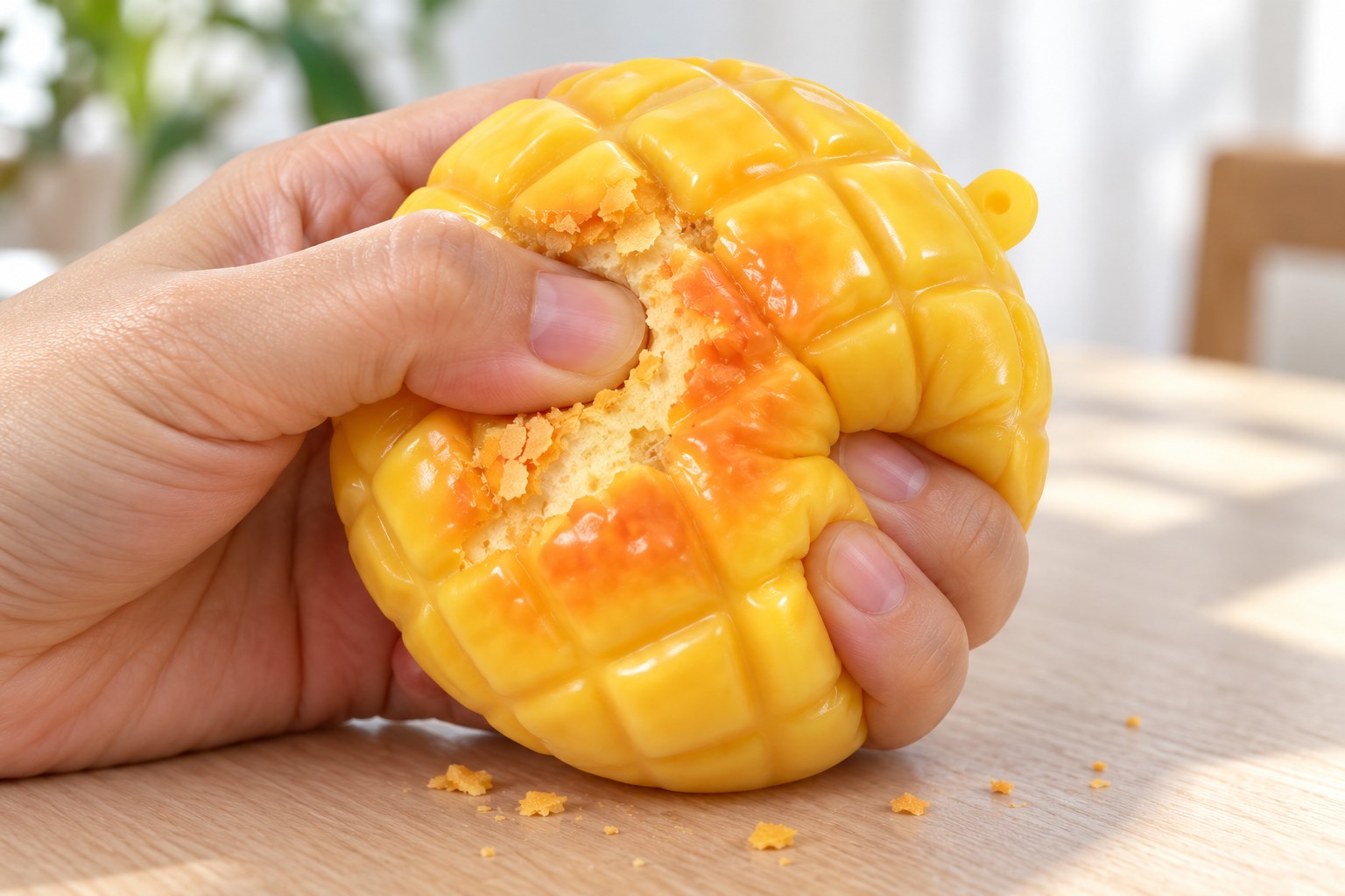 Squishy crocante apertado: uma mão pressiona um pão de ananás squishy e a crosta parte-se em migalhas