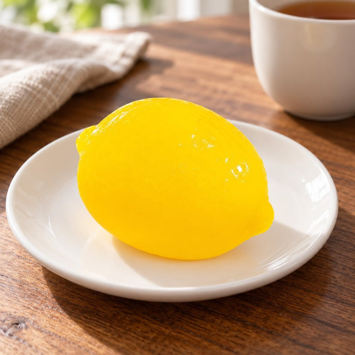 Squishy de agua con forma de fruta, un limón, en un plato del desayuno