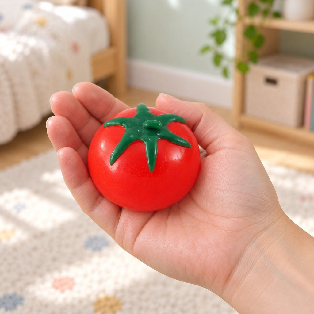 Squishy de agua con forma de fruta, tomate, en la mano para ver su tamaño