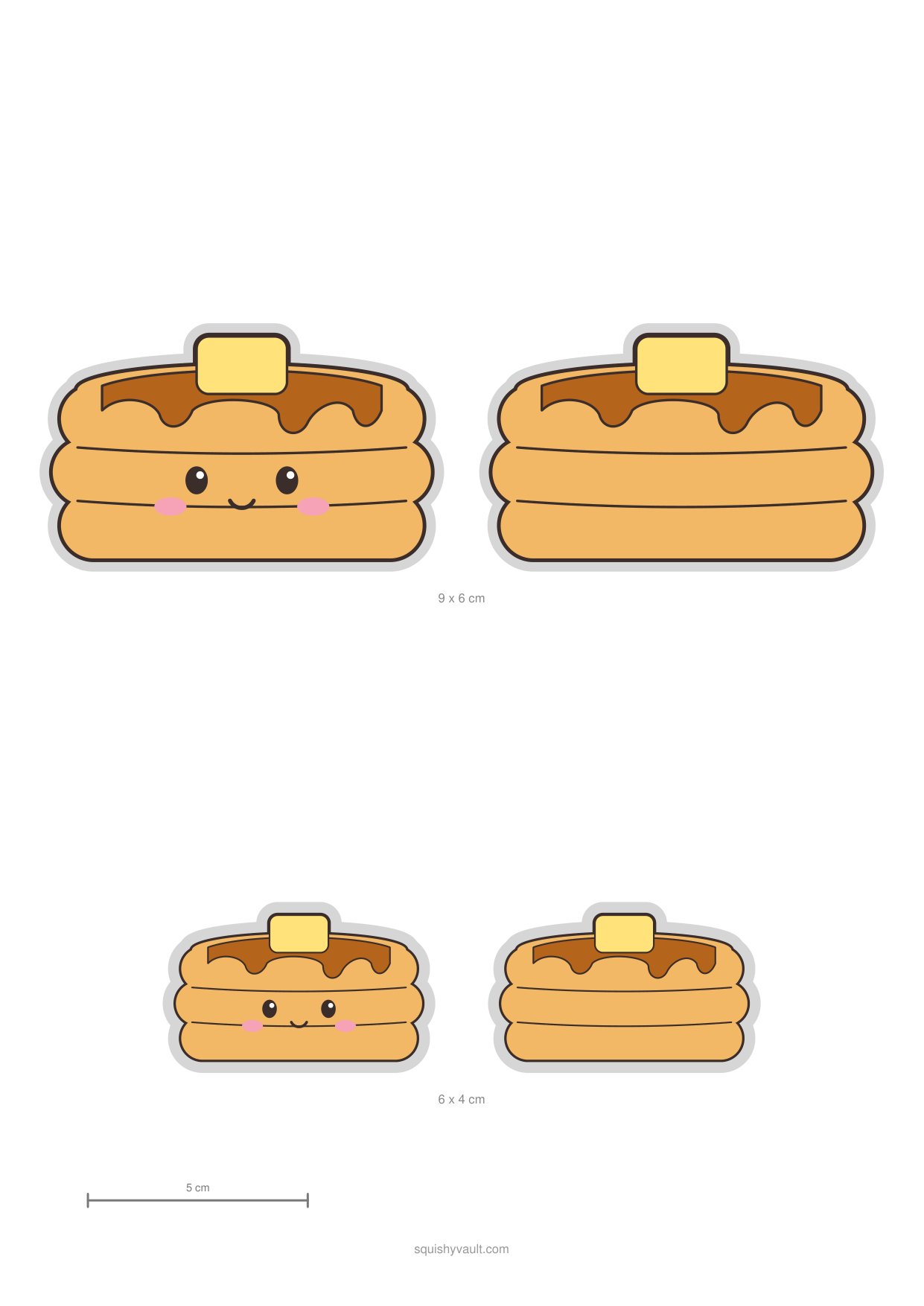Molde de squishy de papel com uma pilha de panquecas, manteiga e xarope, frente e verso