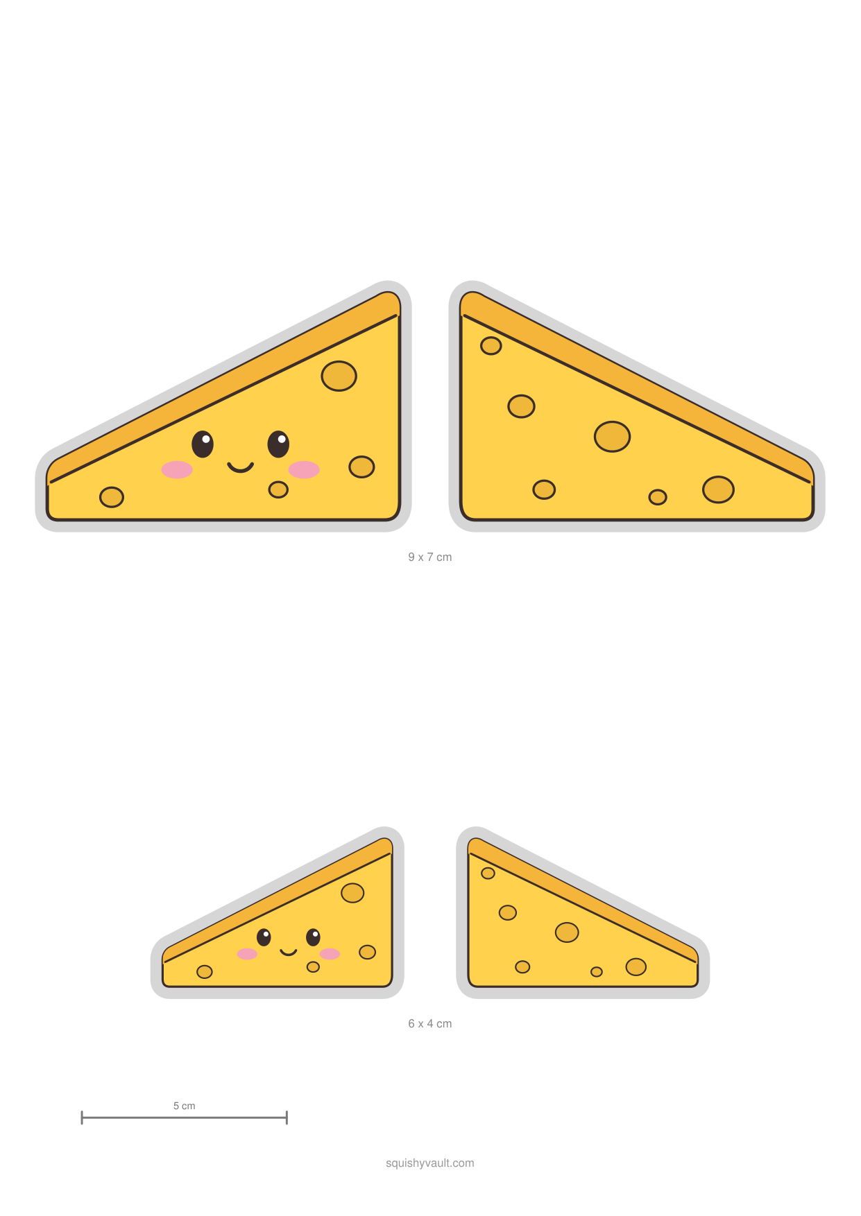 Moldes squishy de papel para imprimir: queijo amarelo em triângulo com buracos e carinha, frente e verso