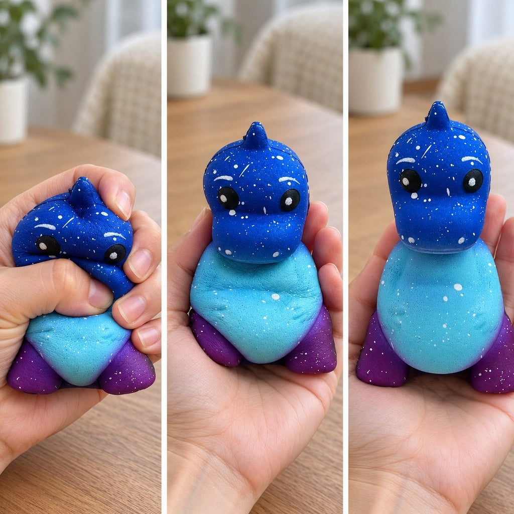 Dinosaur squishy i blå galakse i tre trin: trykket flad, halvt rejst og tilbage i form