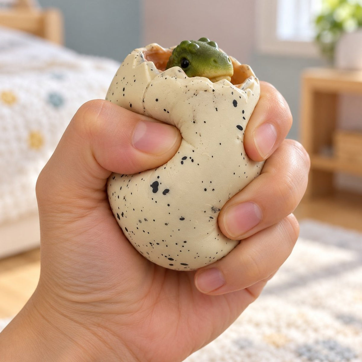 Mačkání v ruce: squishy dinosauří vajíčko, ze kterého vykoukne dino mládě, je poddajné a příjemné na dotek