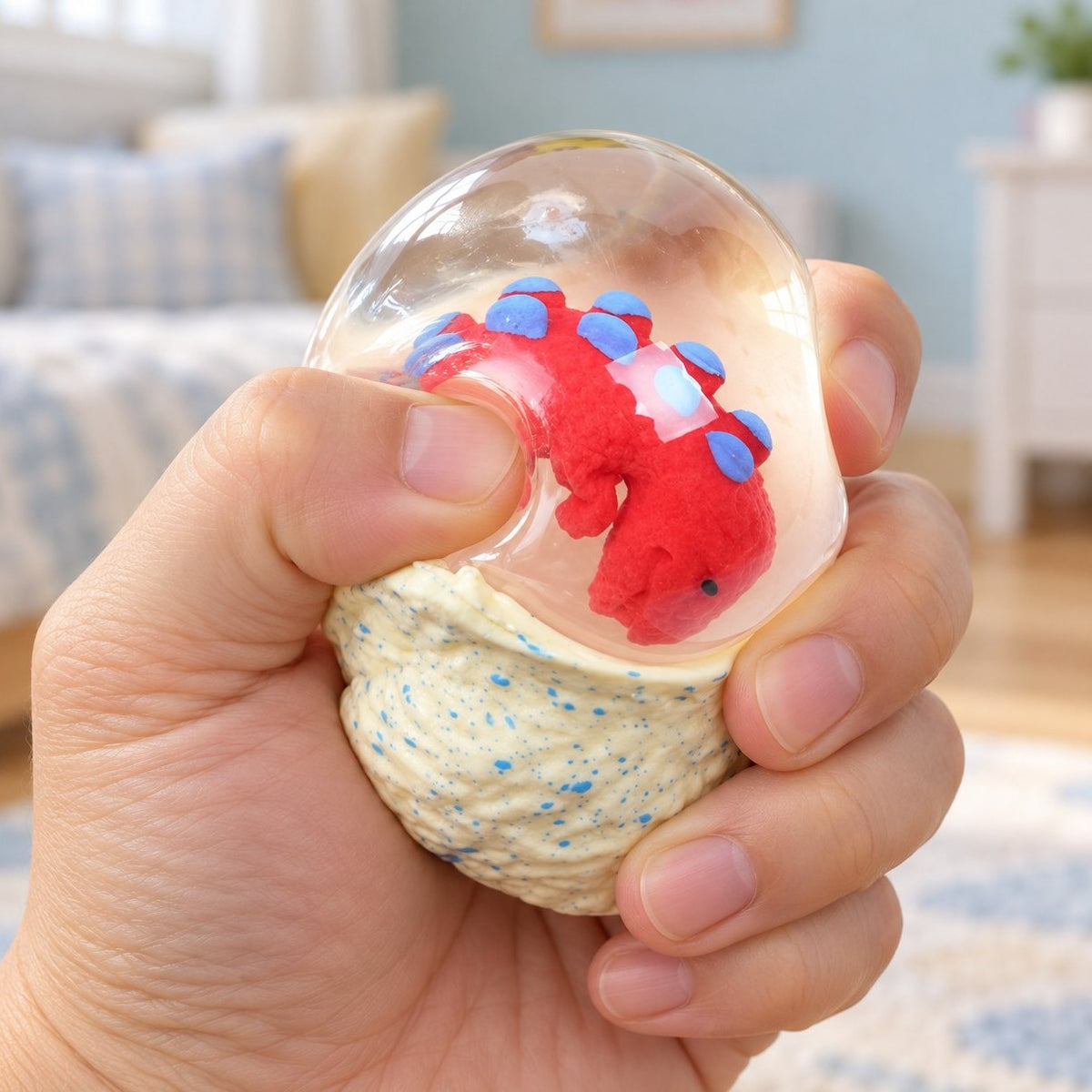 Squishy dinosauří vejce s vodou při mačkání v ruce, poddajné na dotek
