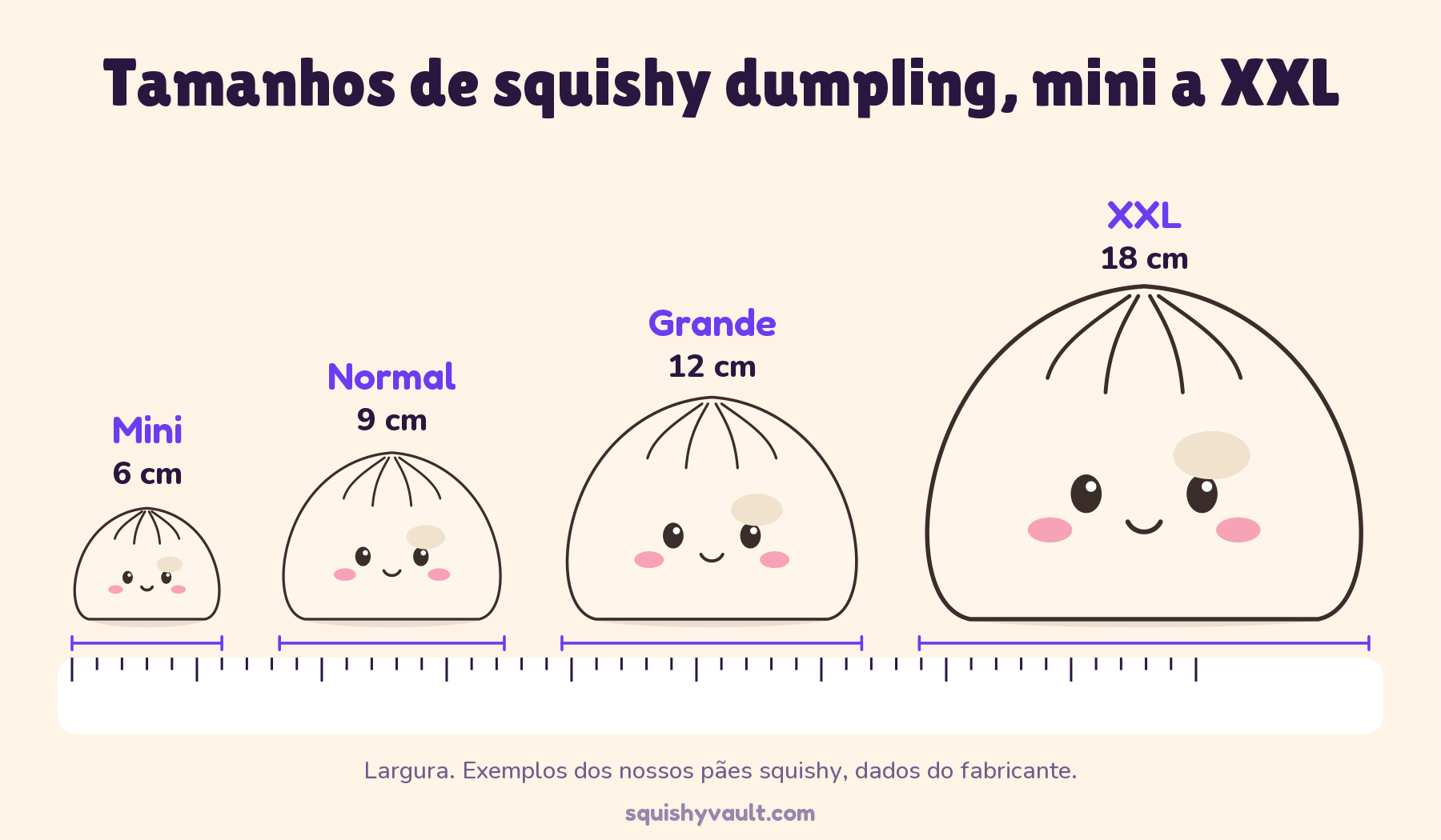 Tamanhos de squishy dumpling à escala numa régua: mini 6 cm, normal 9 cm, grande 12 cm e XXL 18 cm