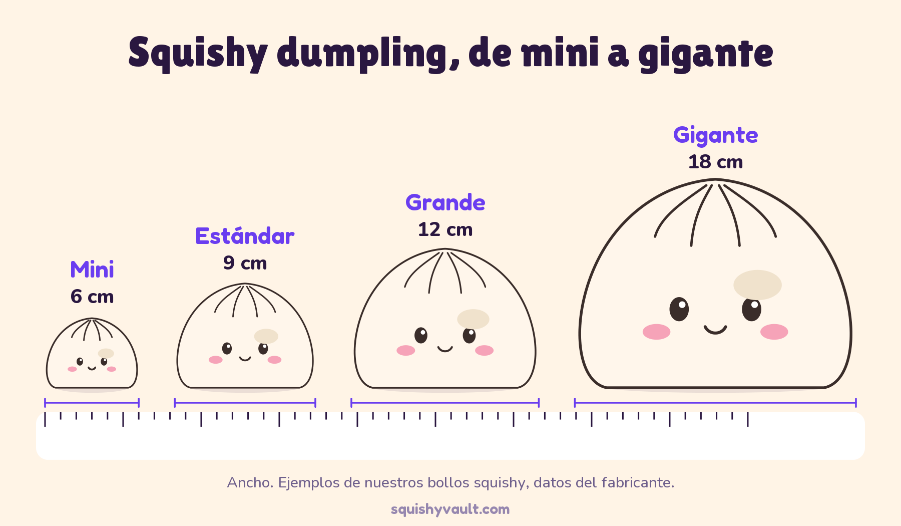 Tamaños de squishy dumpling a escala sobre una regla: mini de 6 cm, estándar de 9, grande de 12 y gigante de 18 cm