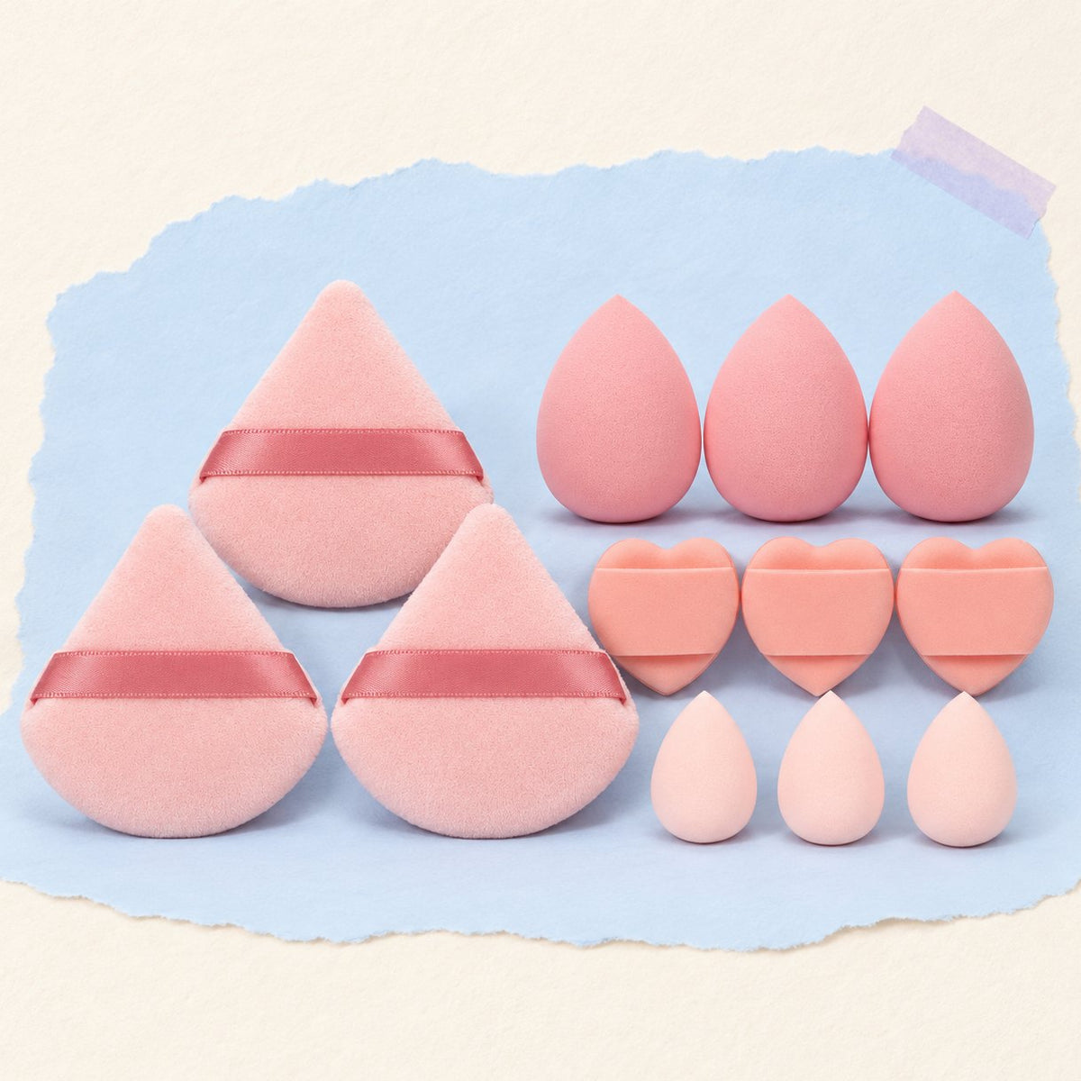 Éponges de maquillage roses pour squishy DIY, lot de 12 posé sur papier pastel