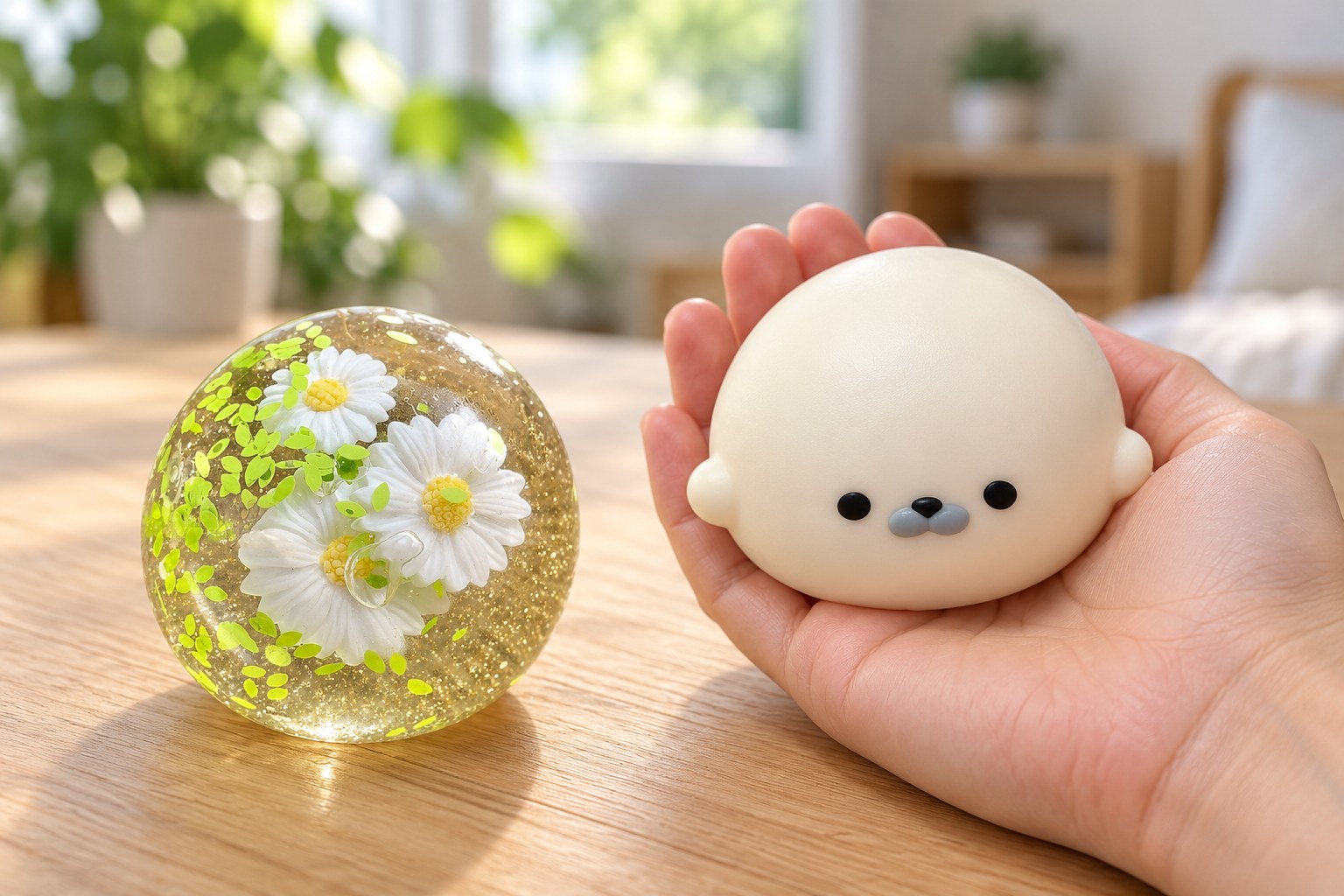 Squishy più venduti: mano con una foca bianca e tonda, sul tavolo una pallina di maltosio trasparente