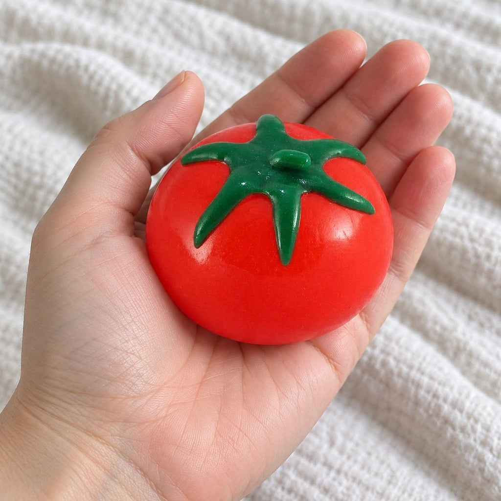 Squishy fruktboll med vatten som tomat hålls fram mot kameran, sett ur eget perspektiv