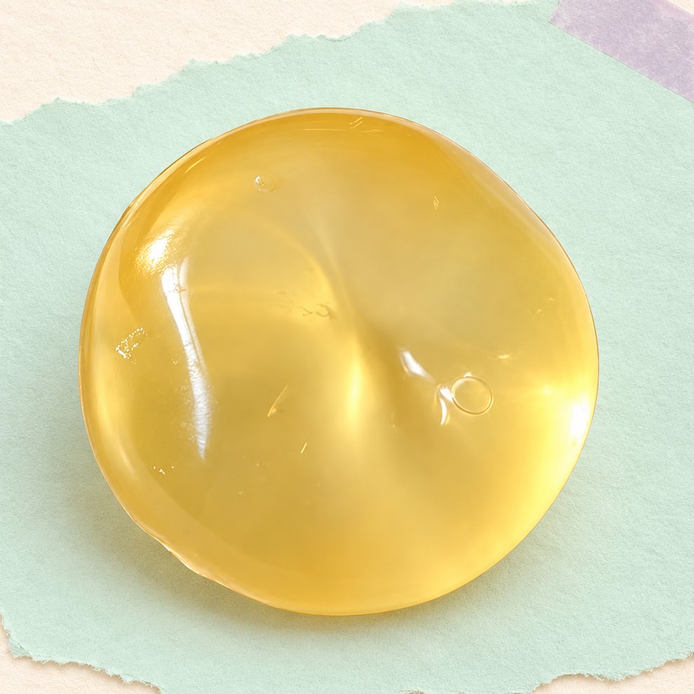 Squishy de fruta con aceite de coco, 6 cm, en amarillo sobre papel pastel