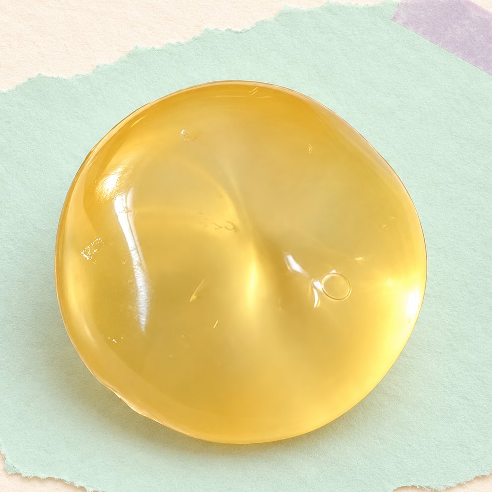 Squishy de fruta com óleo de coco, 6 cm, em amarelo sobre papel pastel