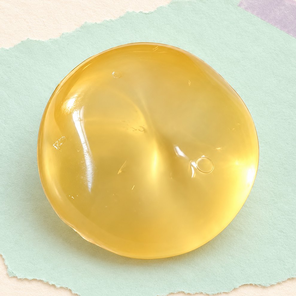 Squishy frutta mini giallo da 6 cm fotografato su carta color pastello
