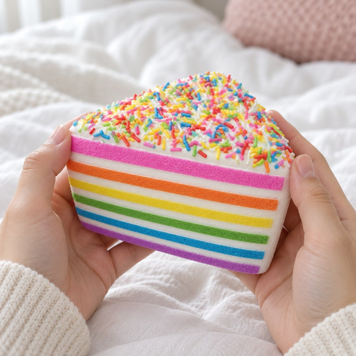 Squishy gâteau arc-en-ciel géant aux vermicelles multicolores, tenu à deux mains