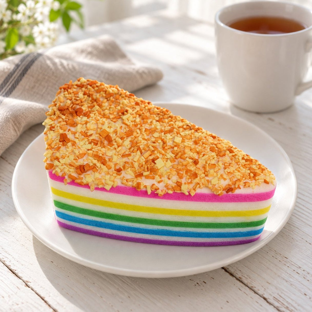 Squishy gâteau arc-en-ciel géant aux miettes dorées dans une assiette au petit-déjeuner
