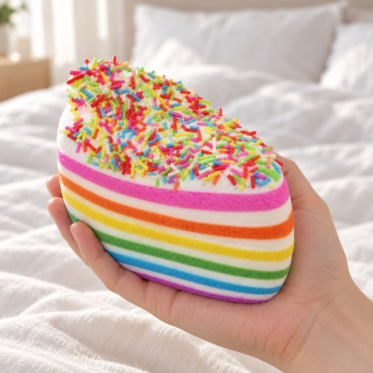 Squishy gâteau arc-en-ciel géant tenu dans la main pour montrer sa vraie taille