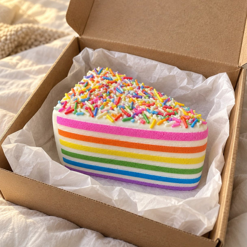 Déballage d'un squishy gâteau arc-en-ciel géant, sorti du colis avec du papier de soie