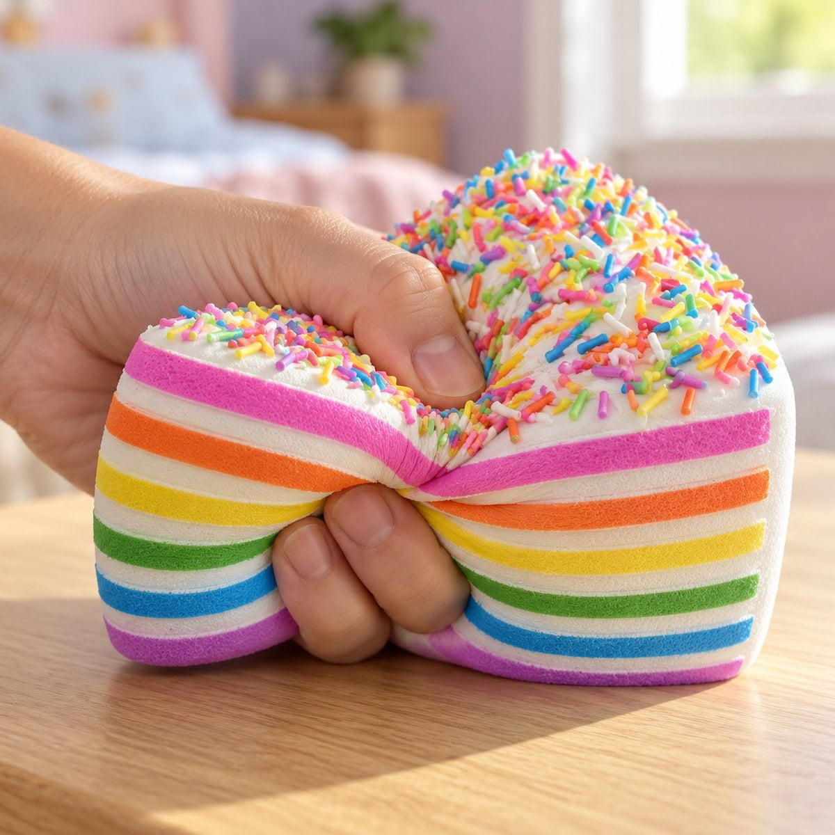 Main qui presse un squishy gâteau arc-en-ciel aux vermicelles multicolores
