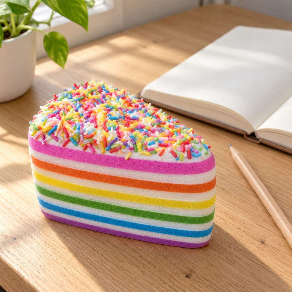 Sur un bureau, un squishy gâteau arc-en-ciel aux vermicelles près d'un carnet
