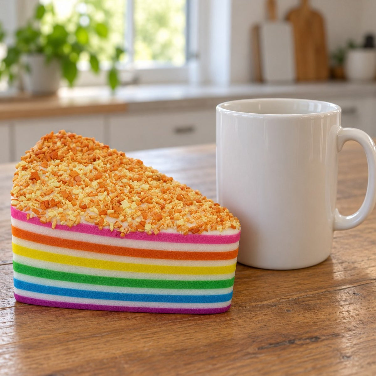 Squishy gâteau arc-en-ciel aux miettes dorées à côté d'une tasse à café, taille comparée