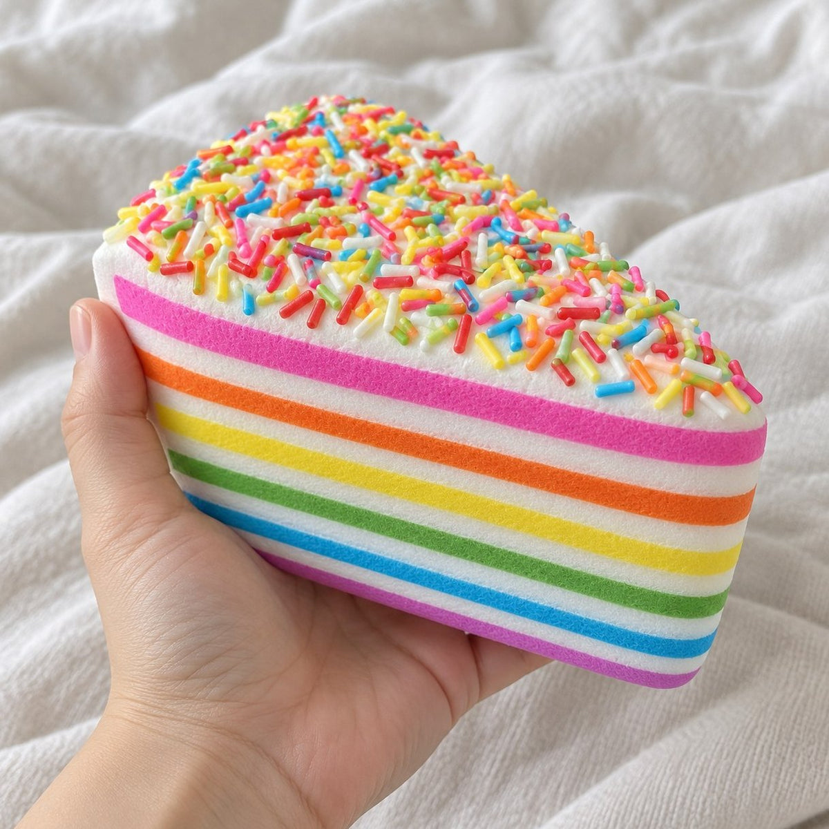 Vue à la première personne d'un squishy gâteau arc-en-ciel tenu face à l'objectif