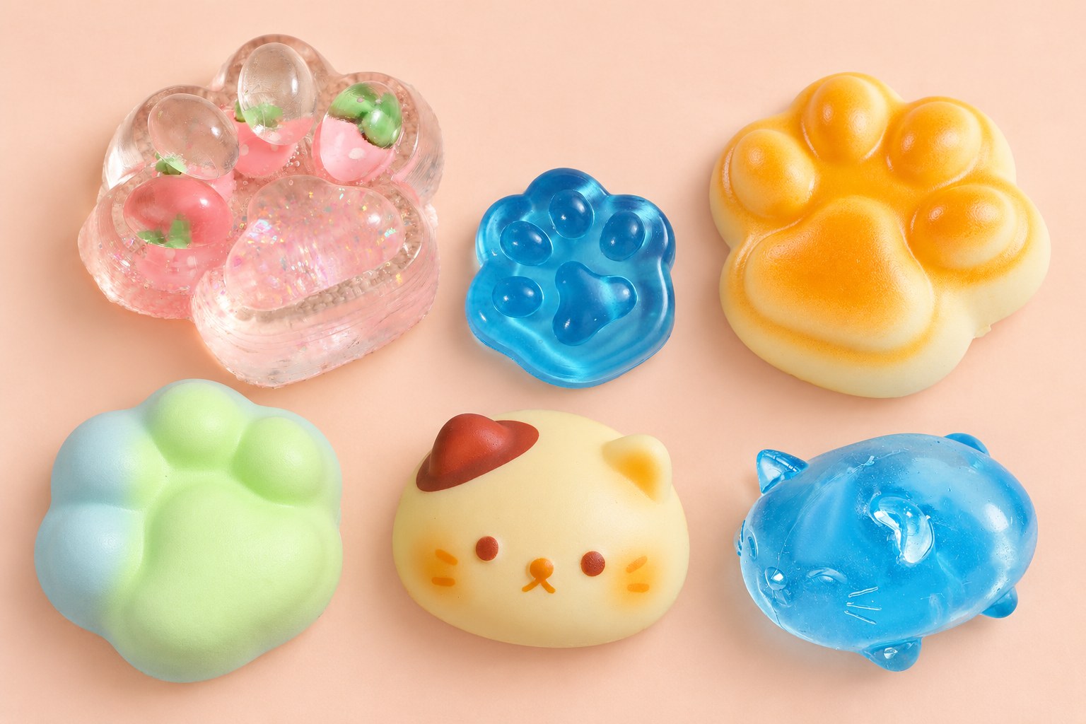 Squishy gatto visti dall'alto su sfondo pesca: quattro zampe di gatto, un panino gatto e un gatto di gelatina azzurro trasparente