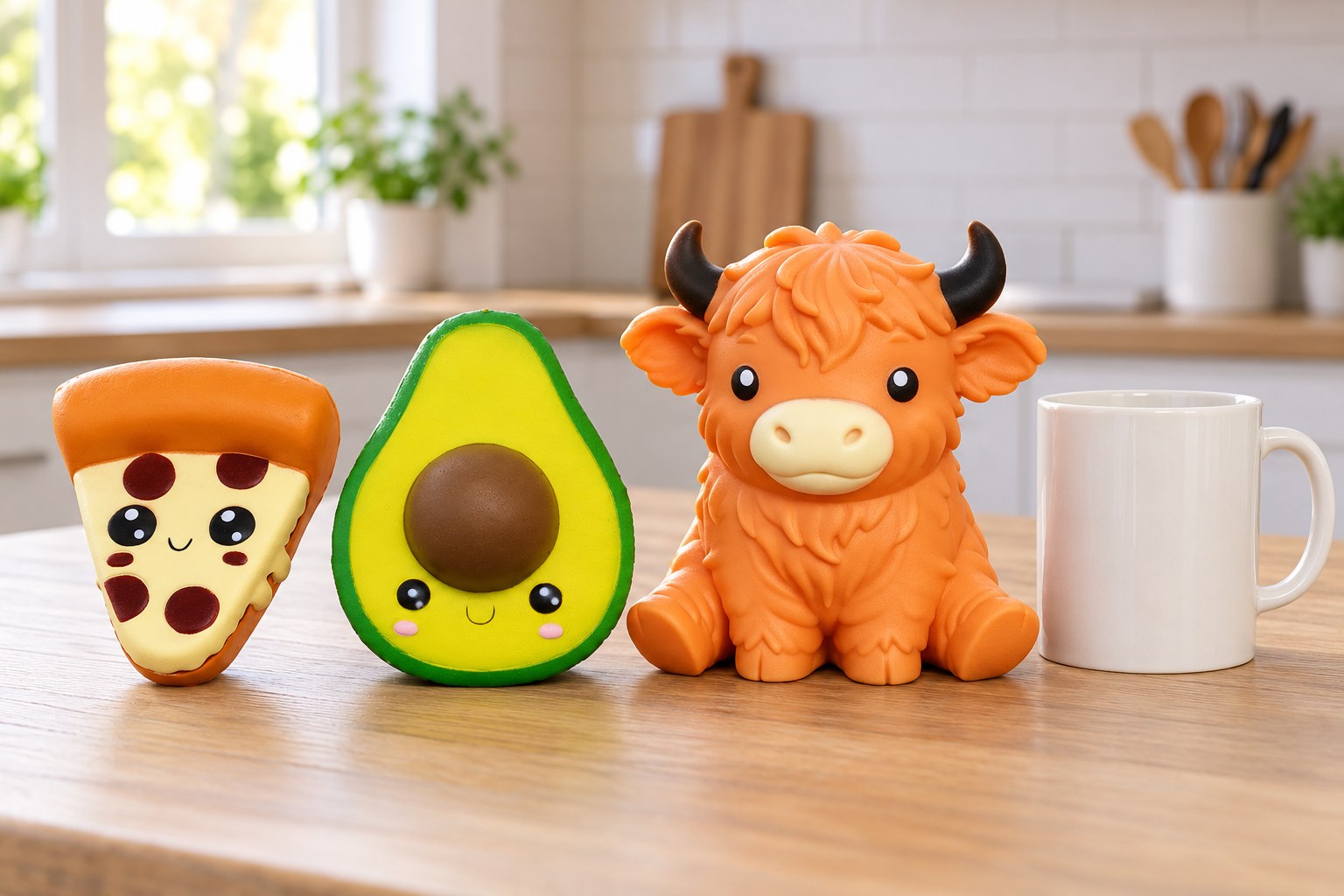 Squishies gigantes de pizza, aguacate y vaca highland en fila junto a una taza de café blanca para comparar el tamaño