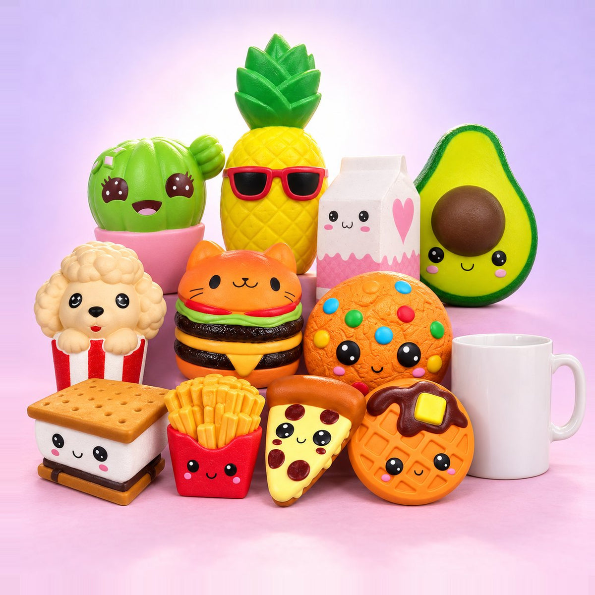 Conjunto de squishy gigante: os 11 squishies de comida kawaii, das batatas fritas ao ananás, ao lado de uma caneca branca