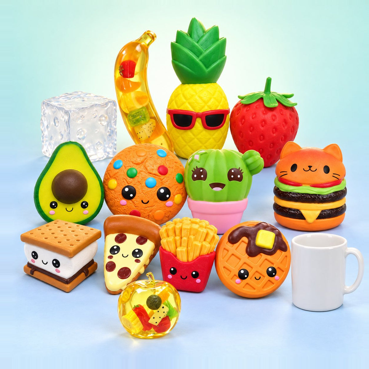Mega Vault: conjunto de squishy gigante com 13 squishies gigantes e fruta slow rising, ao lado de uma caneca branca