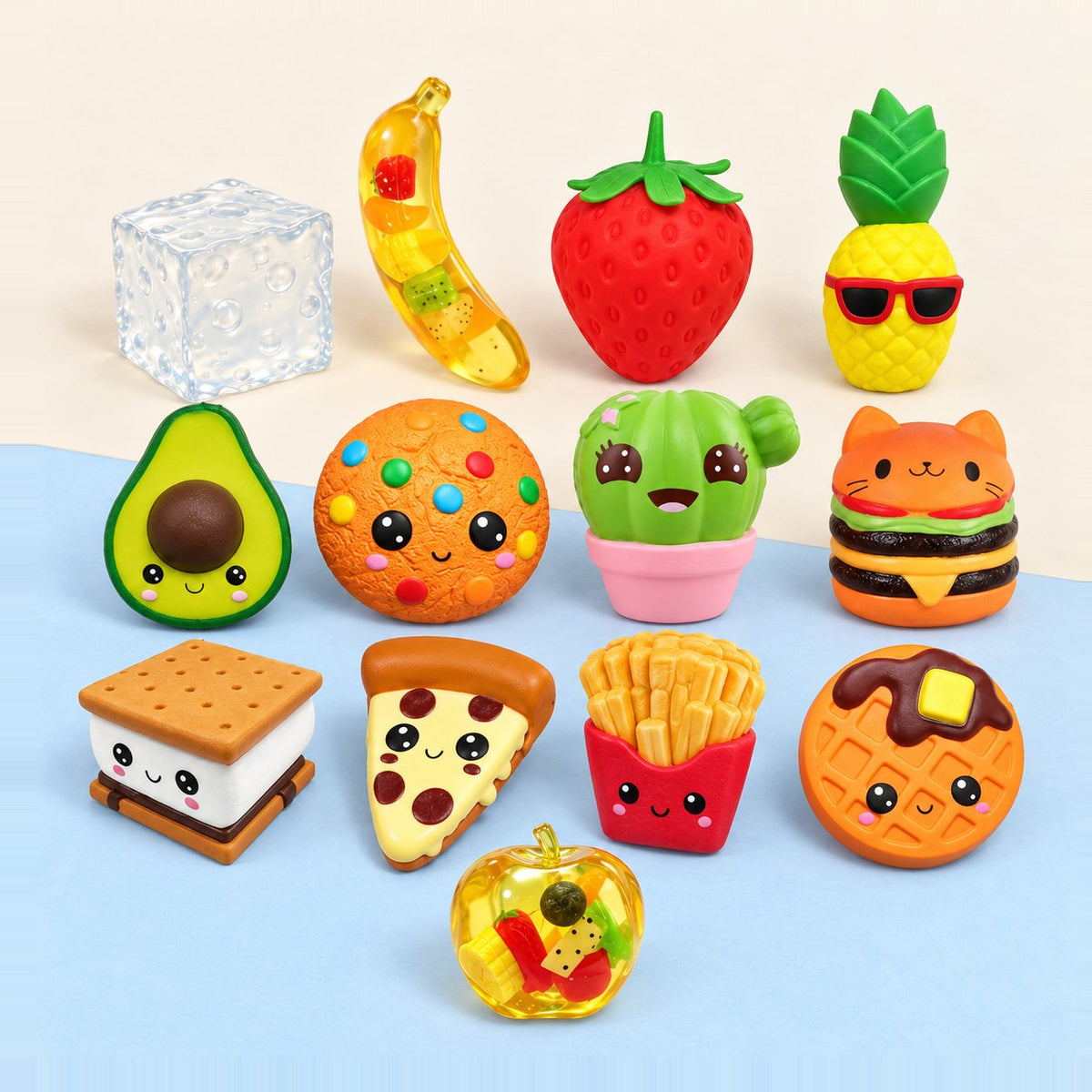 Mega Vault com 13 squishies gigantes slow rising em conjunto, sobre papel pastel