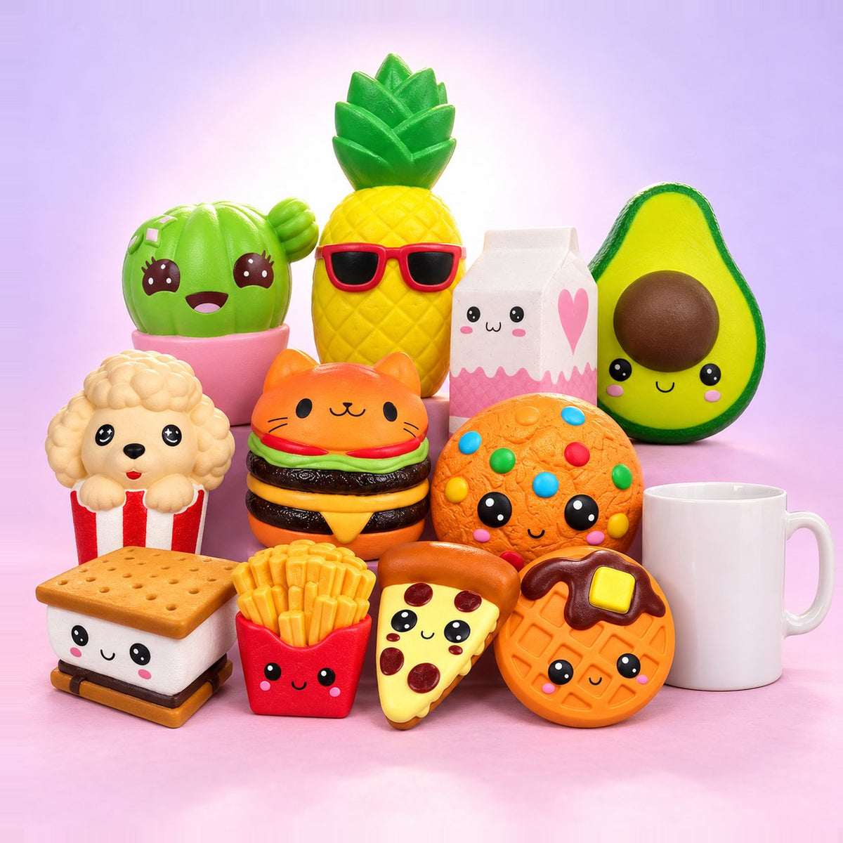 Set de squishy gigante: los 11 squishies de comida kawaii, de las patatas fritas a la piña, junto a una taza blanca