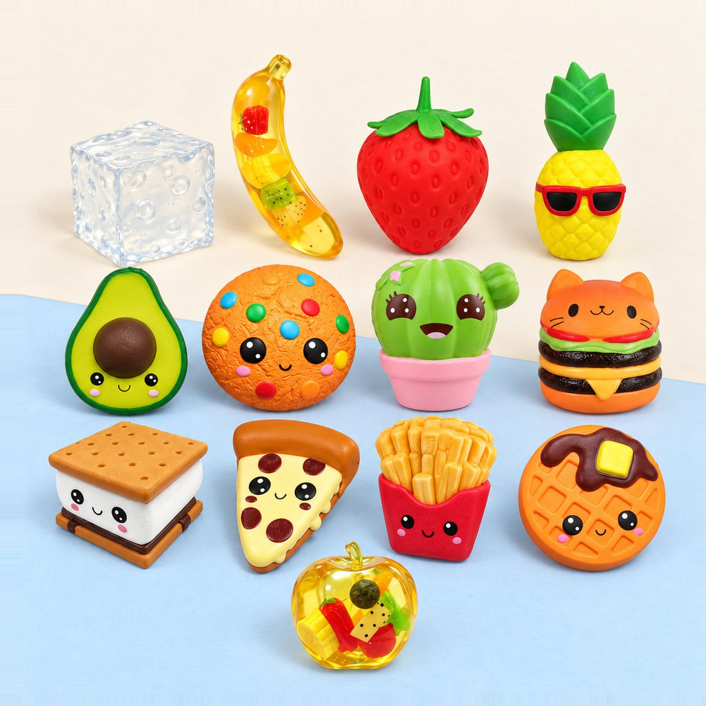 Set de squishy gigante slow rising Mega Vault, 13 piezas sobre papel pastel