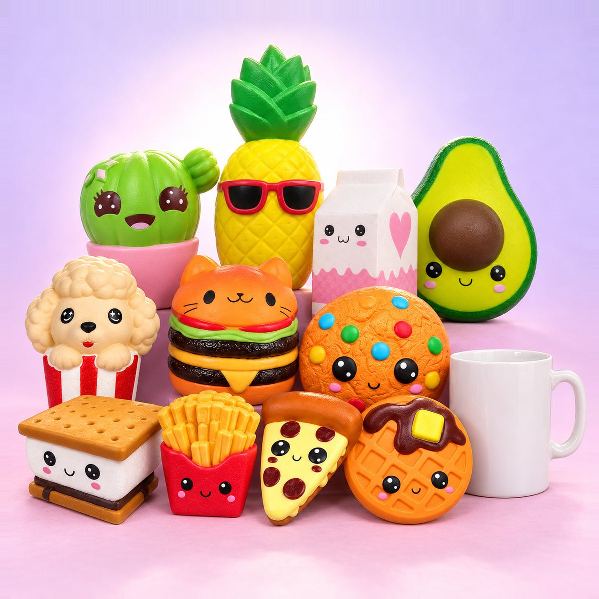 Set squishy gigante: tutti e 11 gli squishy cibo kawaii, dalle patatine all'ananas, accanto a una tazza bianca