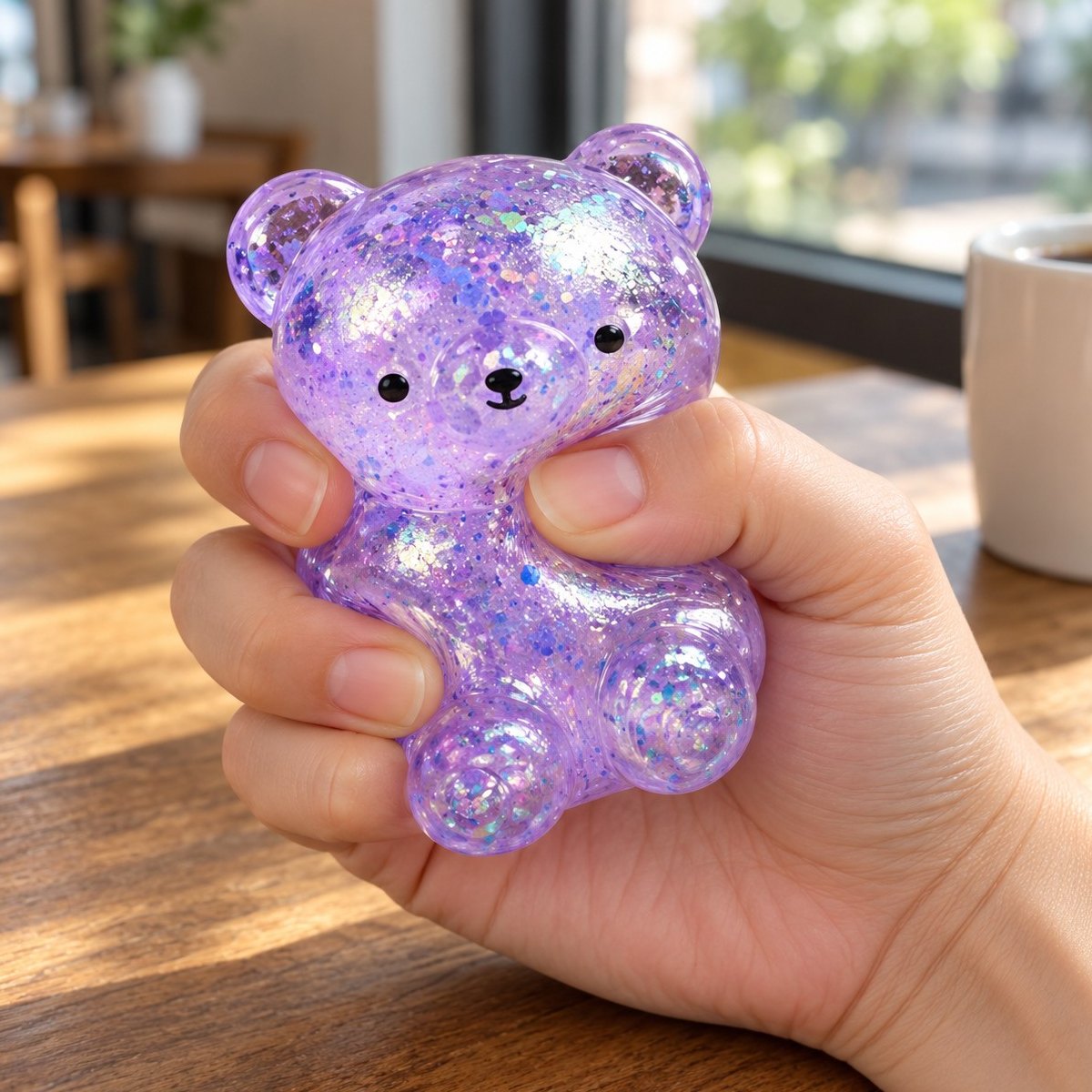 Squishy glitternalle kramas i handen, mjuk och skön