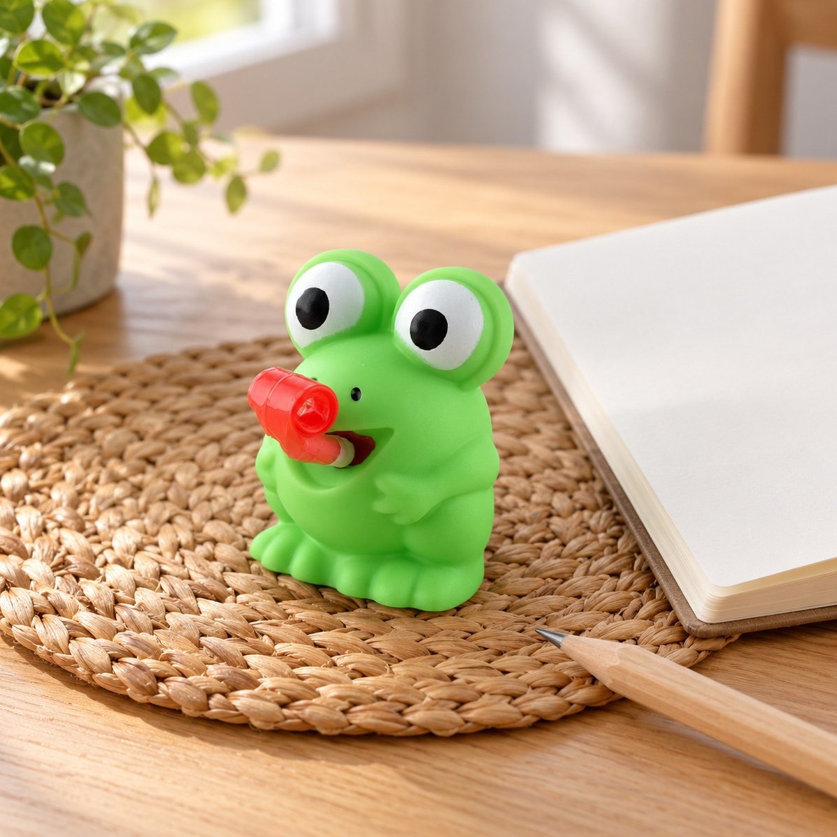 Grodan på skrivbordet: squishy groda eller dino som räcker ut tungan