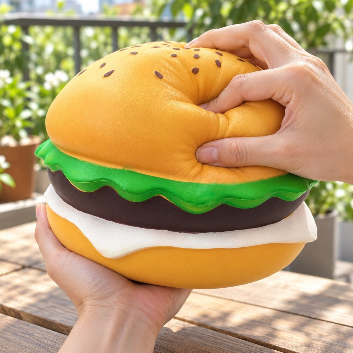 Mano che schiaccia lo squishy hamburger jumbo gigante al sesamo da 24 cm