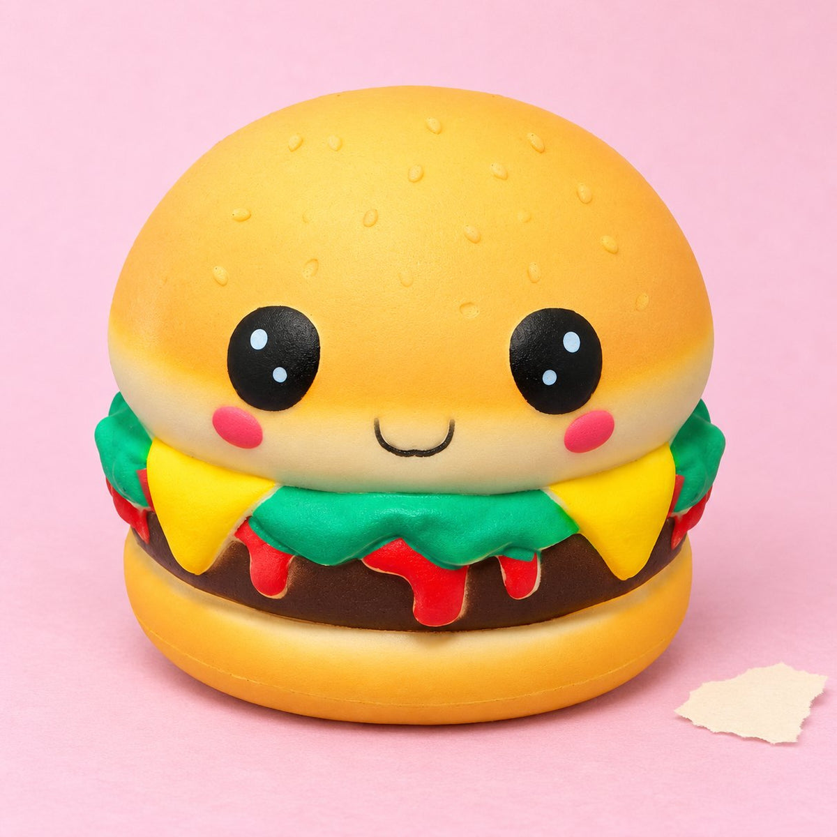 Squishy hamburger kawaii con faccina, slow rising, su carta pastello