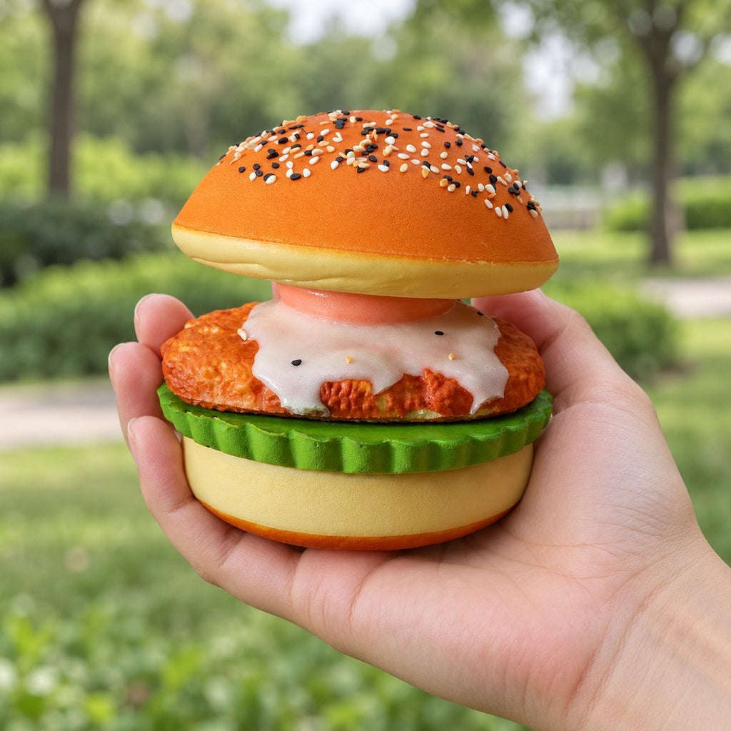 Squishy hamburger morbido con uovo fritto tenuto in mano