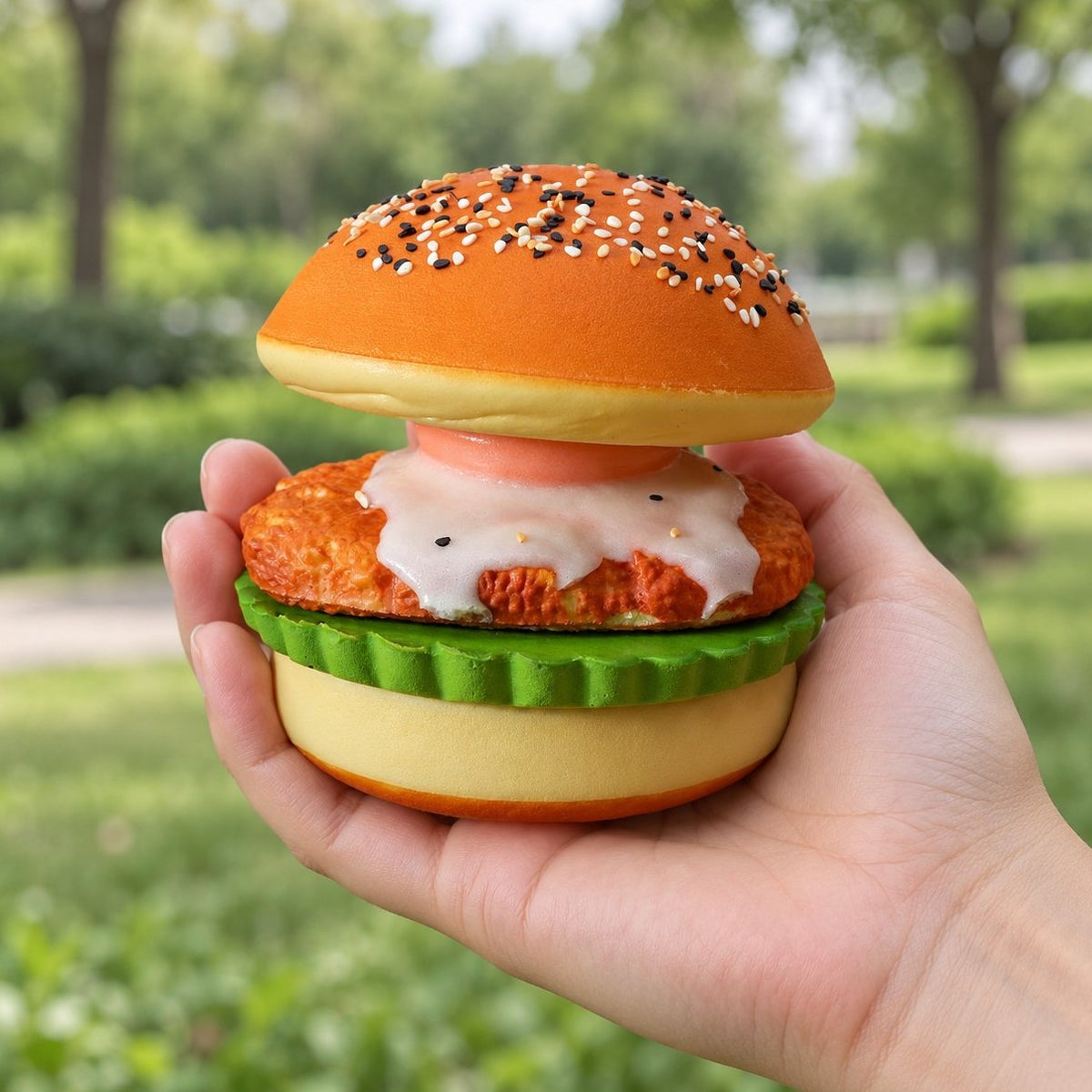 Squishy hamburger morbido con uovo fritto tenuto in mano