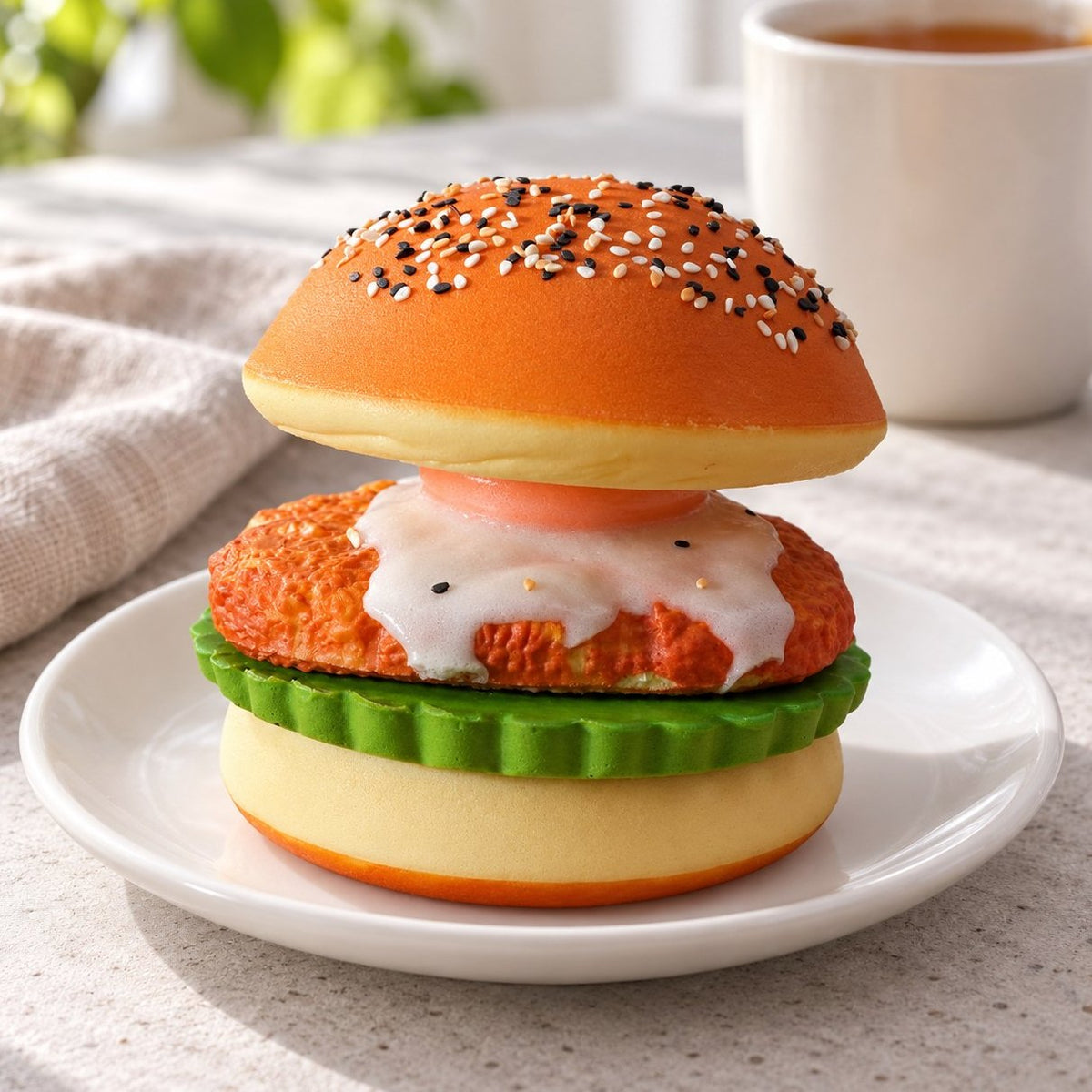 Sul piatto della colazione, squishy hamburger slow rising con uovo